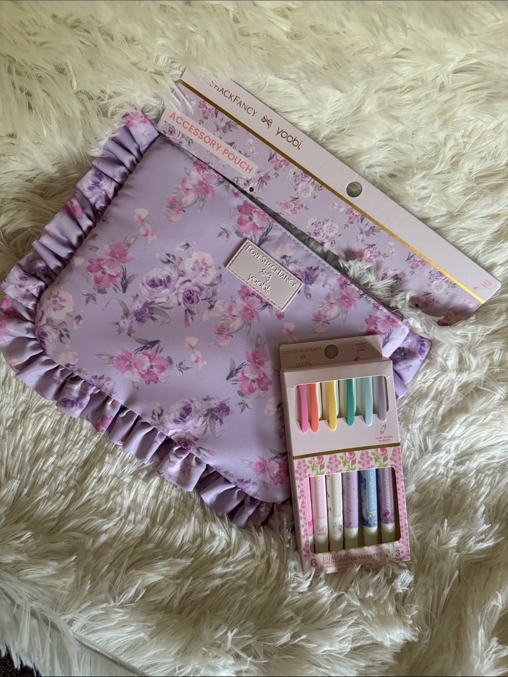 LoveShackFancy Lavender Floral Ruffle Zip Pouch and dual tip highlighters